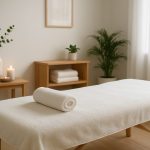 A serene massage table set in a calming room with candles and plants.