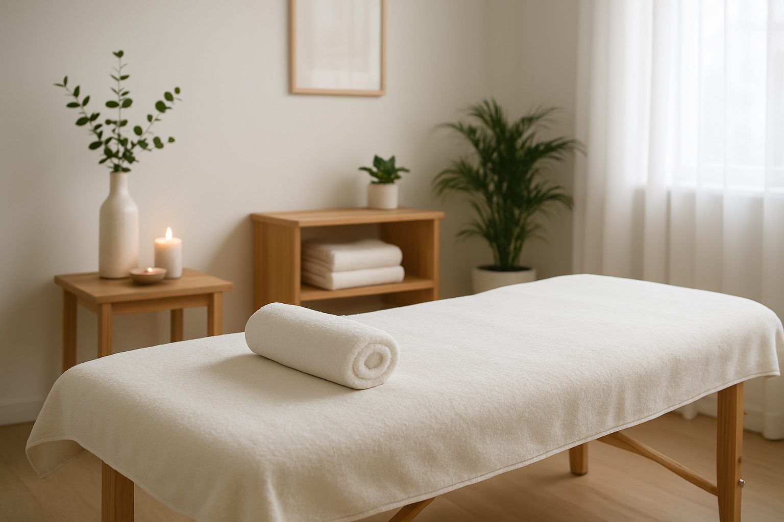 A serene massage table set in a calming room with candles and plants.